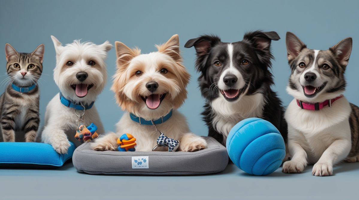 Happy dogs and a cat with their toys at Waggy Tails Pet Care
