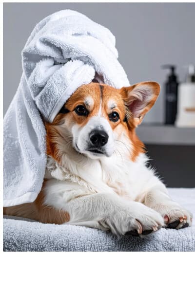 Freshly groomed dog wrapped in a towel