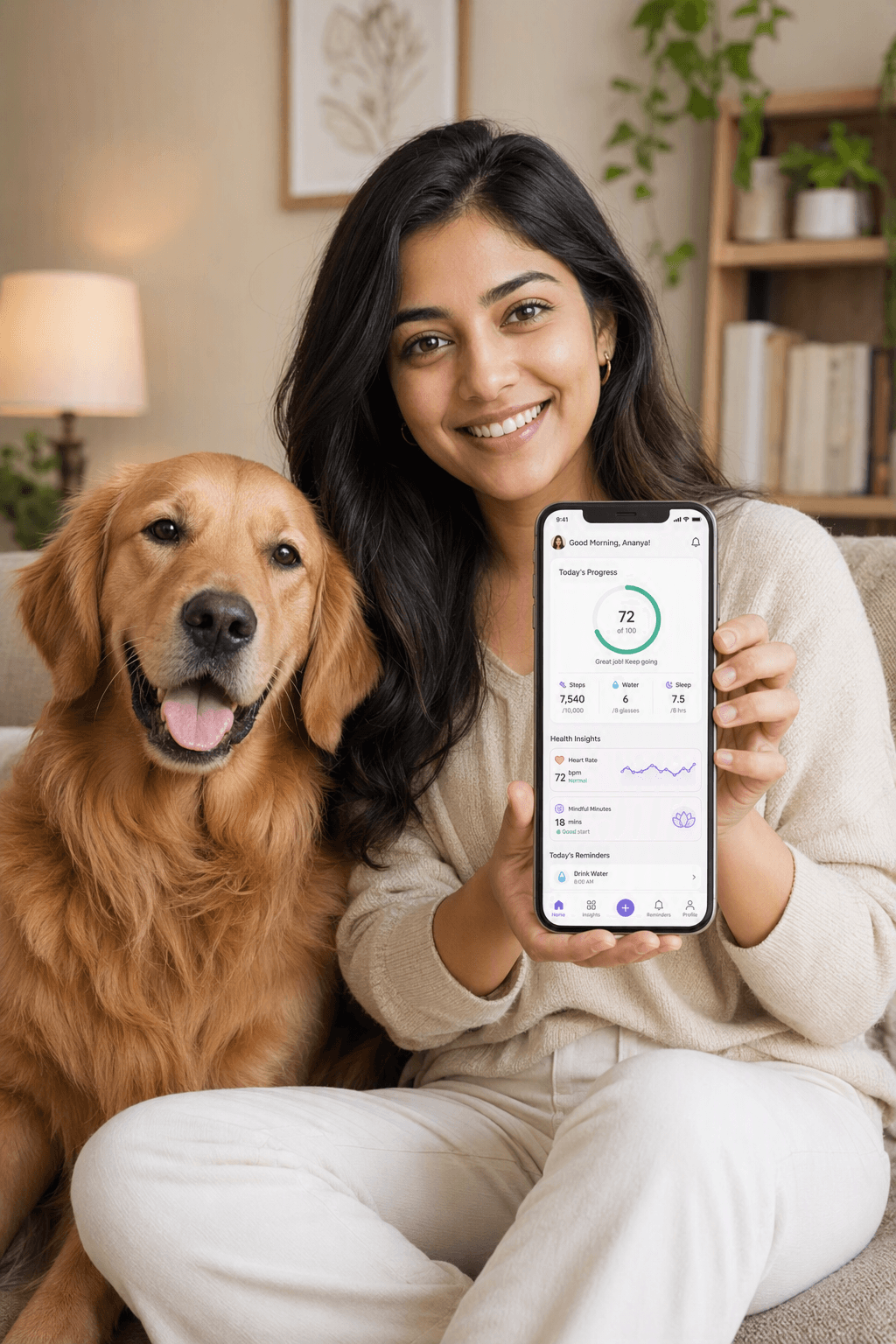 Pet parent viewing health records on phone with her dog